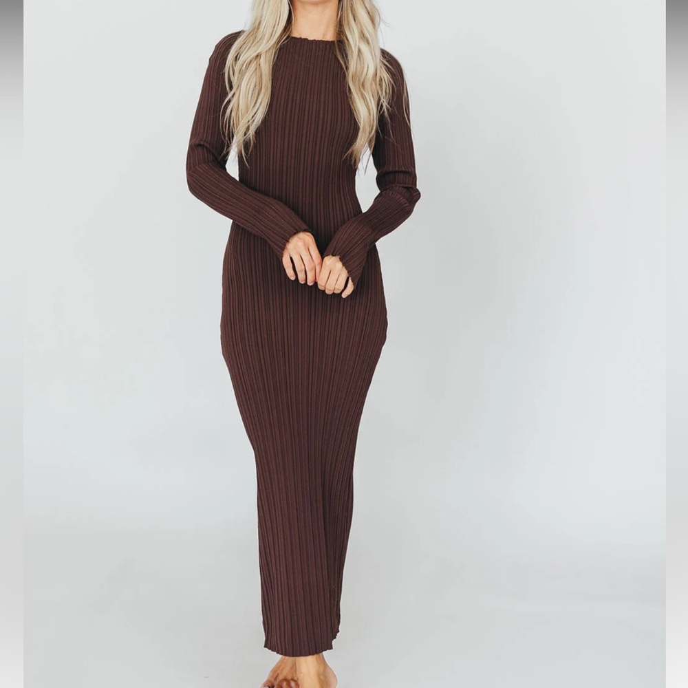 Worth collective Allie long sleeve ribbed maxi dress in brown